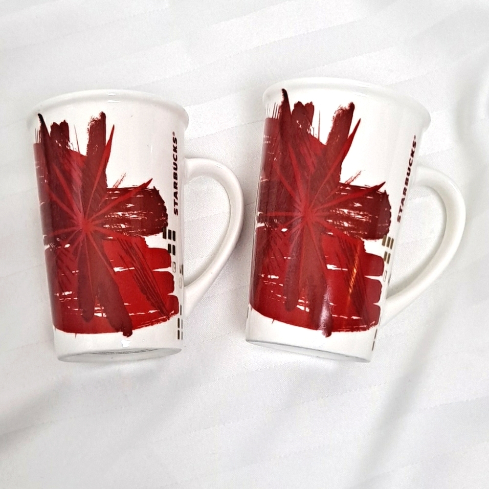 2 Starbucks 2014 Red Paint Burst 12 oz Mug